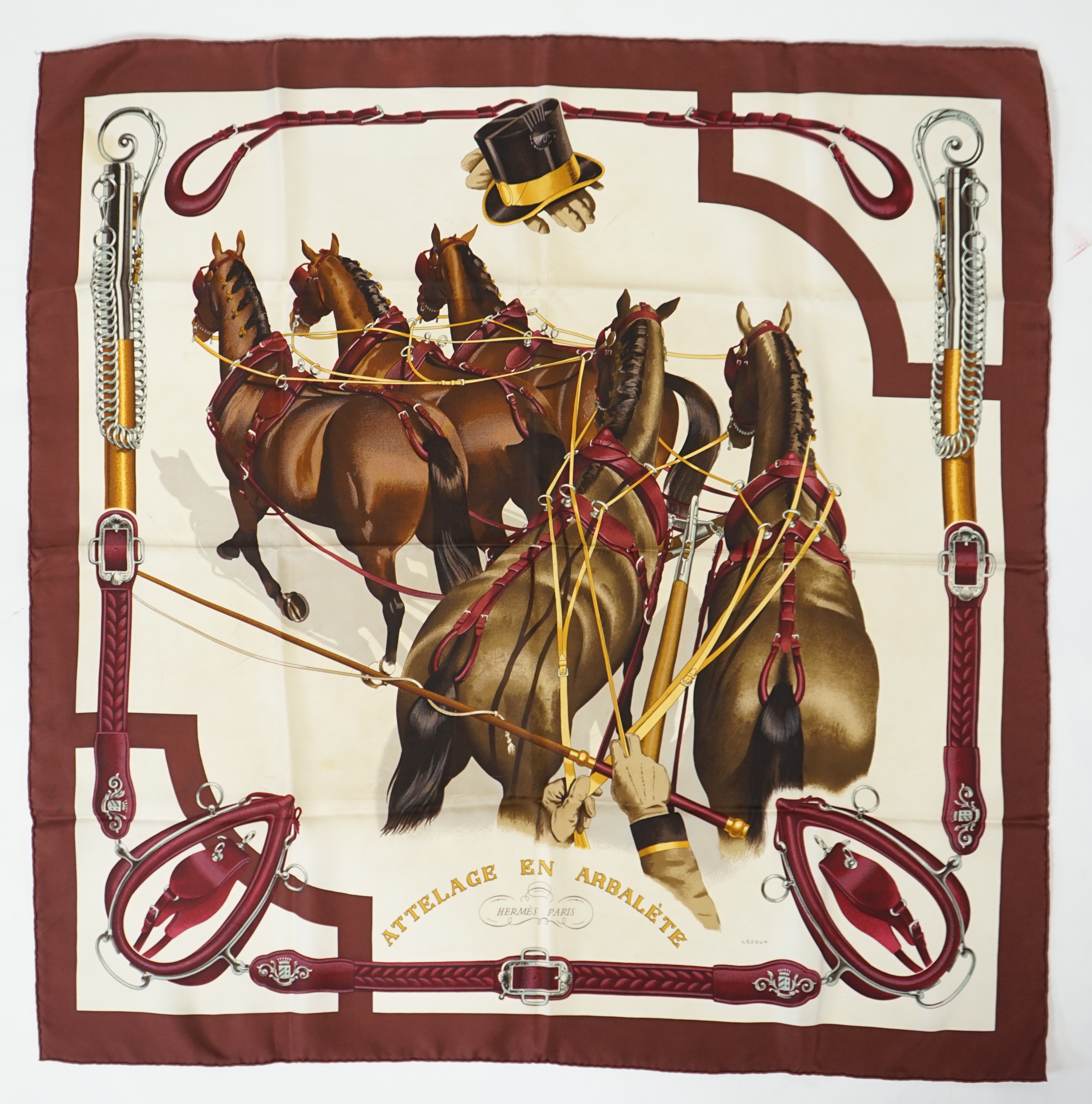 A Hermes Attelage en Arbalete silk scarf, 90 x 90 cm